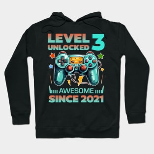 Level 3 Unlocked Awesome Since 2021 3rd b-day Gift For Boys Kids Toddlers Hoodie